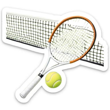 A tennis racket and ball positioned on a grass court, with the net and lines clearly visible in the background. The scene emphasizes the classic elements of the sport, capturing the energy and precision of a tennis match. sticker