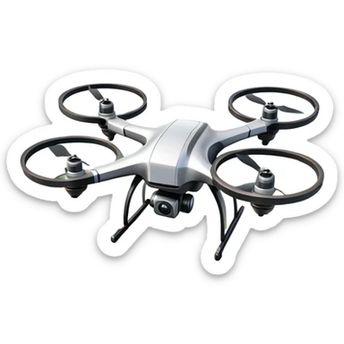 An icon showing a racing quadcopter drone in the foreground, flying at high speed through a course filled with obstacles and checkpoints. Other drones zoom in the background over a dynamic landscape. Transparent background highlights the thrill and precision of drone racing. sticker