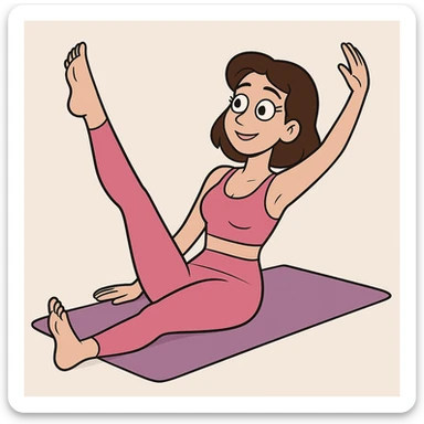 white brunette woman stretching on a yoga mat, pink sportswear, pilates pose, clean background sticker