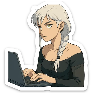  she is sitting at a laptop typing, a closeup portrait of young woman with gold yellow eyes, white hair, long braid, black off-shoulder top d-cup, punk gothic style, futuristic cyberwave cyberpunk, sitting position
 sticker
