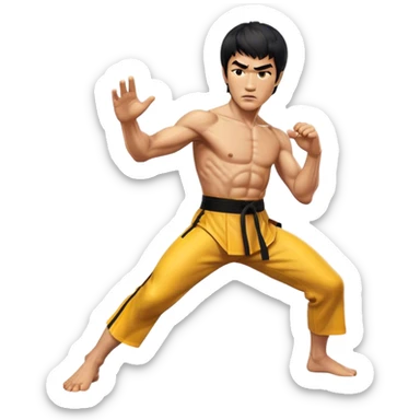 Cinematic Realistic Bruce Lee Portrait Emoji, depicted as a dynamic martial arts icon with an intense gaze and athletic physique caught in a fluid motion, rendered with vivid textures and energetic lighting that embodies his legendary prowess. sticker