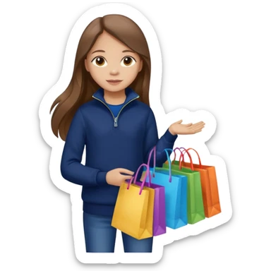 A little girl (he usually calls her baby), who is obsessed with shopping and luxury brands and holds a dozen of bags, she wears navy blue half zip sweater and holds 10 bags and she has long brown hair  sticker