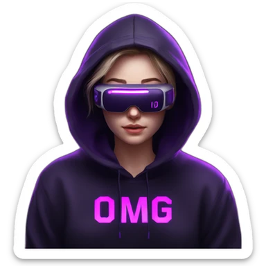 Russian student in the black hoody with violet letters "OMG VR" on it wearing vr headset. Cyberpunk style. Violet neon. sticker