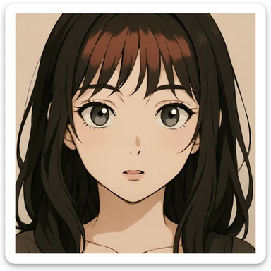 anime brunette woman with grey eyes and salmon red bangs, close-up portrait, expressive eyes, soft shading sticker