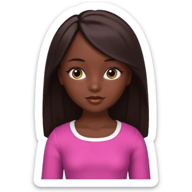 Boneca digital em estilo 3D realista e fofo, semelhante a uma boneca colecionável. Mulher jovem com pele negra, olhos castanhos escuros, cabelo liso cor chocolate, longo e bem alinhado.  sticker