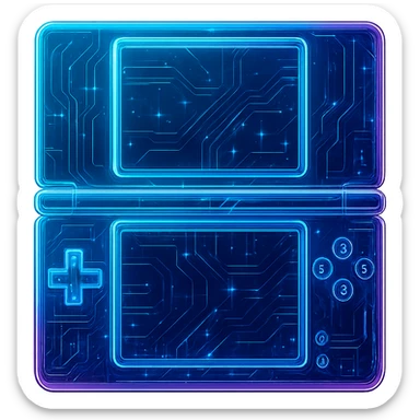 Create a Nintendo DS icon in a cyberpunk, holographic style with glowing neon blue and pink edges, circuit patterns throughout the entire device, and a transparent background. The design should clearly show the dual screens and controls, with neon and circuit effects in a futuristic, clean style consistent with previous cyberpunk icons. The whole icon should have a consistent cyberpunk glow and intricate circuit details. sticker