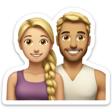 Woman and man smiling, woman has straight brown hair in a ponytail, slightly sunkissed skin, man has blonde long hair which are in a ponytail, slightly sunkissed skin sticker