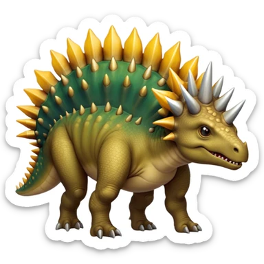 Cinematic Noble Stegosaurus Portrait Emoji, Poised and dignified, with a sturdy, low-slung body adorned by a distinctive row of bony plates along its back and a spiked tail, a small, determined head with observant eyes, Simplified yet sharply defined features, highly detailed, glowing with a soft, earthy radiance, high shine, intelligent and resolute, stylized with an air of ancient armored majesty, focused and alert, soft glowing outline, capturing the essence of a watchful and confident Stegosaurus that appears ready to lumber out of the screen with effortless authority! sticker