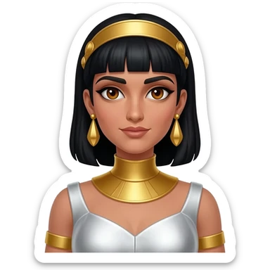 Cleopatra from Rome Mythology with hazel eyes, long black hair, white metallic sheath dress, gold collar and earrings, gold diadem sticker