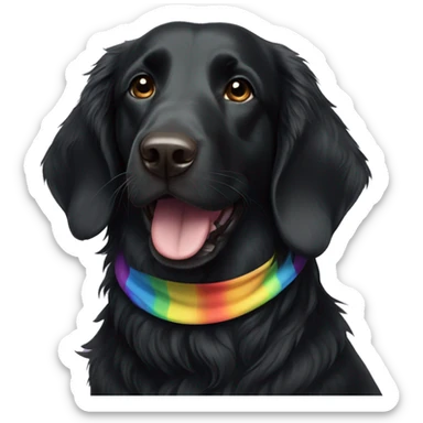 Black Flat coated retriever with small ears wearing rainbow bandana sticker