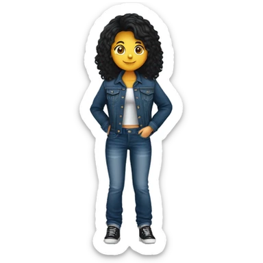 Boneca de Menina gordinha de calça de jeans preta e blusa preta, jaqueta jeans de cabelo cacheado curto segurando câmera  sticker