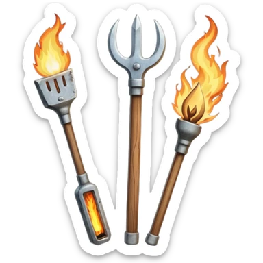 a three pronged farmer's pitchfork and a torch in an x formation sticker