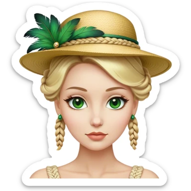 lady with Pale complexion, sharp features, high cheekbones, Blonde hair, usually styled in braided updo, green eyes accessorized with a feathered hat sticker