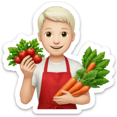 guy white t-shirt red apron smiling with vegetables sticker