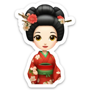 Geisha con kimono rojo y ojos verdes haciendo ceremonia del té en casa tradicional japonesa  sticker