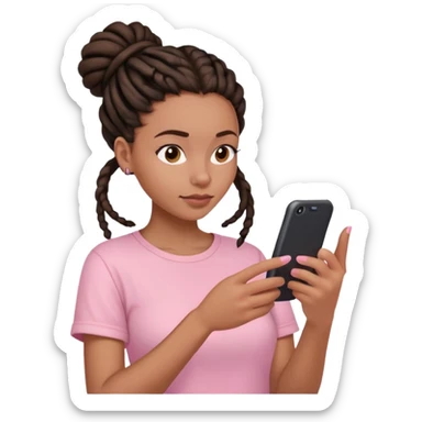 Dark brown woman with dreadlocks in bun Light pink shirt texting on pink sticker