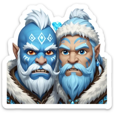 Legendary fantasy orc Christmas portrait icon, Frostfather and Snow Maiden inspired, primal winter god style, massive icy beard, glowing blue eyes, heavy fur coat, tribal frost runes, powerful brutal presence, blizzard atmosphere, clean stylized emoji icon, male/female variant
 sticker