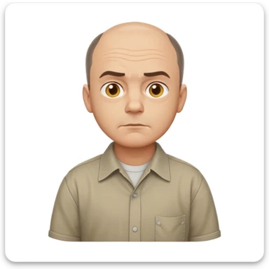 Carl from Sling Blade, stern look, chin protruding, slouch, no glasses, collared shirt, direct side profile, full standing body, head pushed forward, emoji style sticker