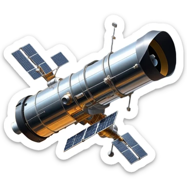 cinematic-realistic-hubble-space-telescope-emoji, an awe-inspiring, ultra-detailed depiction of the Hubble Space Telescope floating in space, its large, reflective metallic surface gleaming against the backdrop of the infinite blackness. The telescope's vast solar panels extend outwards, catching the light from distant stars, while its intricate, cylindrical body showcases advanced, precise engineering. The telescope's large, hexagonal lens is pointed towards the cosmos, surrounded by mechanical components, wires, and sensors. The detailed textures of the telescope’s metallic exterior, the shiny reflective coating, and the intricate grid-like solar panels are sharply contrasted against the void of space, with distant stars and nebulae faintly visible in the background, adding to the sense of scale and te sticker