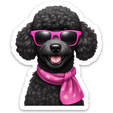 BLACK poodle wearing pink sunglasses with a big smile. Also with a bandanna around its neck. Dog needs to be all black sticker