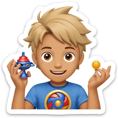excited child holding a beyblade spinning top toy, happy face sticker
