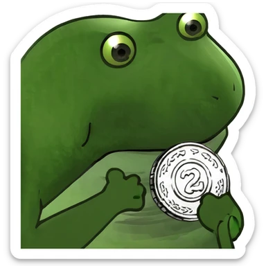 bufo frog (pepe) with a single coin in hand sticker