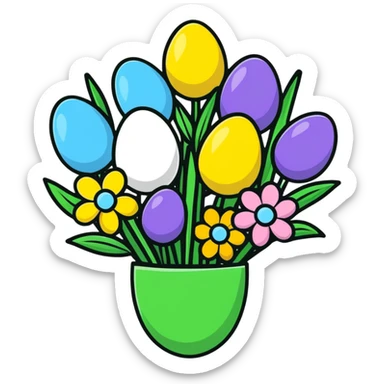 Easter bouquet with spring flowers and Easter egg sticker