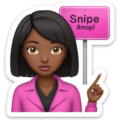 Dark skin woman with black bob in hair holding sign that says snipe  wearing pink outfit  sticker