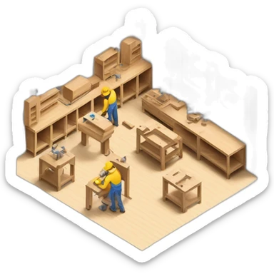 isometric square solid outline border containing indoor creative workshop handmade woodworking factory people actively working cnc machine tools simple clean industrial brutalist sticker