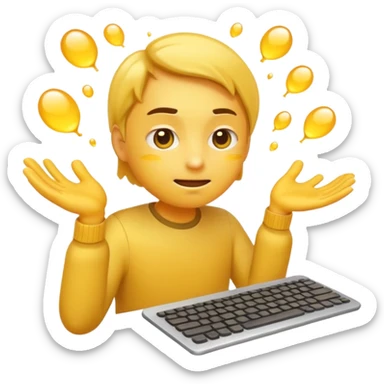 A classic yellow emoji face, extremely focused, furrowed brows, typing nonstop on an invisible keyboard, sweat drops flying, motion lines around hands, simple clean emoji style sticker