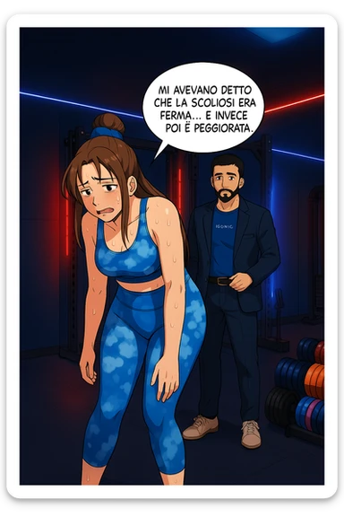 fai questa immagine in versione fumetto/manga/webtoon a colori, il manga mostra l'uomo che risponde alla donne:
Succede spesso purtroppo. 
Forse non ti piacerà ma devi saperlo, per evitare danni, anche irreversibili, alla colonna vertebrale e un potenziale intervento chirurgico. sticker
