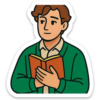 Calm and thoughtful male confidant, fair skin, soft wavy brown hair, gentle eyes, wearing a green cardigan over a light shirt, holding an open journal close to chest, waist-up, front-facing, pure background sticker