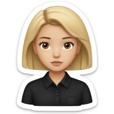 Light skinned girl with dirty blonde hair and deep brown eyes and a black square collared shirt sticker