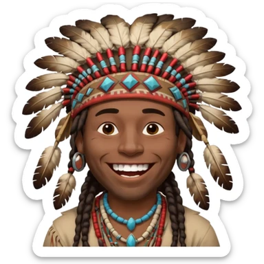 Black American man dark brown with dreads with a American Indian headdress with a laughing face sticker