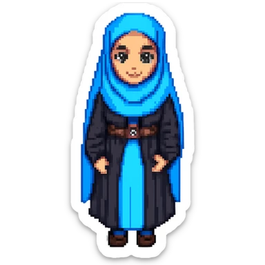 Make the hijabi girl smiling, keep pixel art style, no background. The original style is pixel art which does not support text, so using general style for editing while preserving pixel art look. sticker