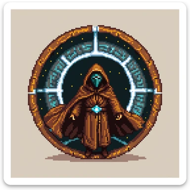 Cloaked figure with brown robe and sci-fi mask emerging from an energy portal sticker
