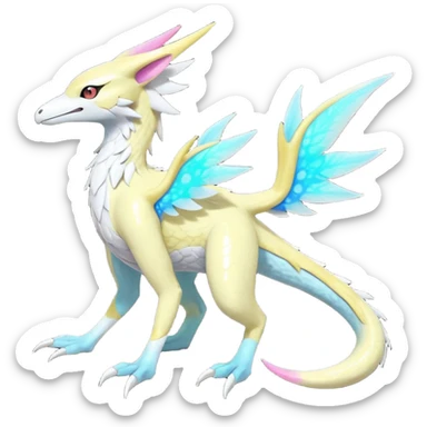 Colorful scaly flurry iridescent shiny bioluminescent translucent luminescent neon pastel bright pale Latias-Sergal-Vernid-Lombax-Renamon-Zeraora-Bastet-Fakémon-hybrid-fusion-creature, full body sticker