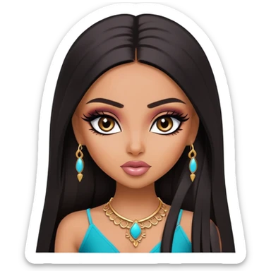 pretty bratz baddie, medium skin, dark long straight hair, arabian face, pretty eyeliner makeup sticker