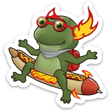 riding a hotdog rocketship, full body, flames coming out the back sticker