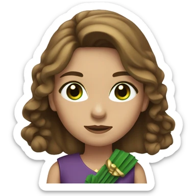 Woman with green eyes, brown long hair, dressed in dress, holding shooting bow sticker