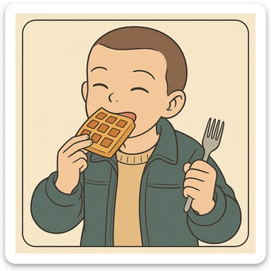 Eleven from Stranger Things eating a waffle, shaved head, wearing a jacket, playful expression, simple line art, light pastel tones, thick outlines, in Ghibli style, square 1:1 format sticker