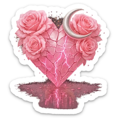 Edit the gothic heart to be formed from splintered light pink glass, a silver crescent moon, light pink roses, sparkling holographic stardust, neon lightning, and a wet, reflective surface. Keep the background transparent. sticker