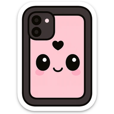 Remove any purse or purse-matching elements. Focus only on a pink and black gothic phone case in kawaii style with big eyes, smiling, cartoonish, playful. No purse references. No background. sticker