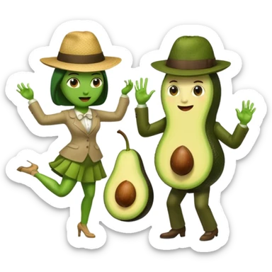 a male avocado wearring a fedora hat dancing with his female avocado sticker