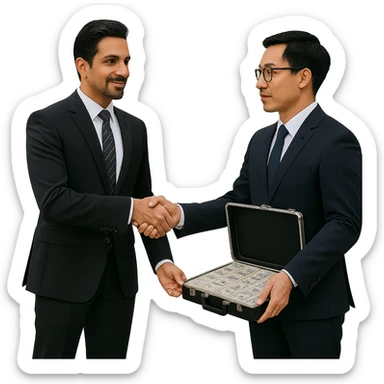 Remove the background so the scene is on a transparent background. The scene shows a light-skinned Indian man with a goatee handing a briefcase of money to a Chinese man, both shaking hands, with an AMG car in the background. sticker