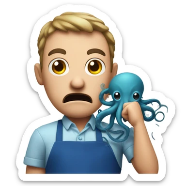 angry guy in a blue apron with an octopus in his hands sticker