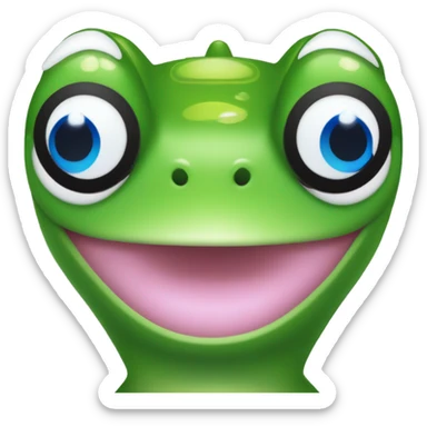 pixel green frog face with blue eyes and smile with AirPods Max on her head sticker