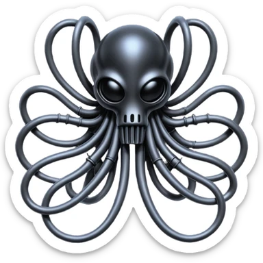 network of dark black wires and tubes forming a surreal creature, wrapped in black rags and bondage, Giger-inspired sticker