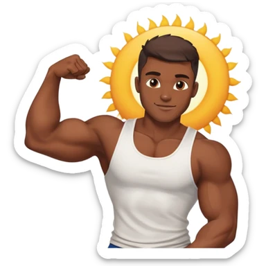 Handsome muscular boyfriend with defined abs, wearing a tank top, strong jawline, darkerr skin, charming smirk, flexing arm, sun-kissed skin, sticker