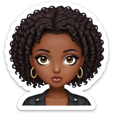  short curly dark hair, dark skin skin, dark brown eyes, pretty bratz baddie, black eyeliner sticker